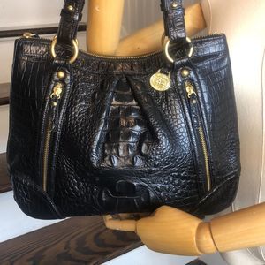 BRAHMIN Black Selma Croc Embossed Leather Pleated Shoulder Tote Bag Top Zipper